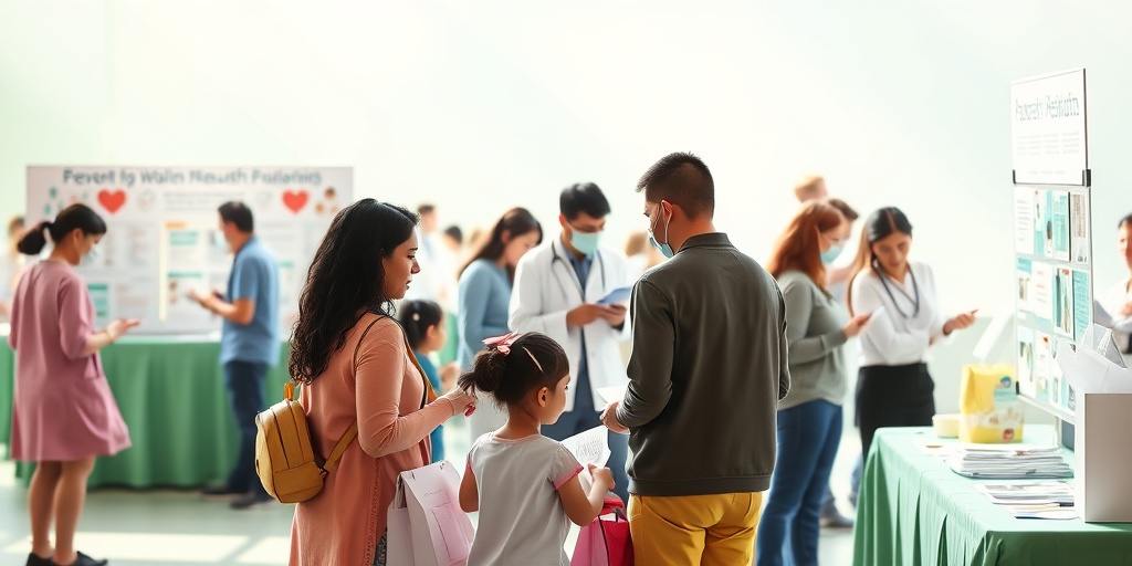 A community health fair promotes preventive measures against bacterial meningitis, with families engaging in educational activities and cheerful lighting.  5.png