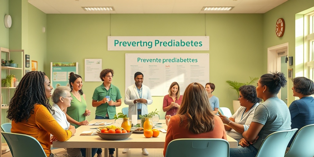 A community health workshop fosters discussion on prediabetes prevention, featuring healthy food displays and supportive atmosphere.  5.png