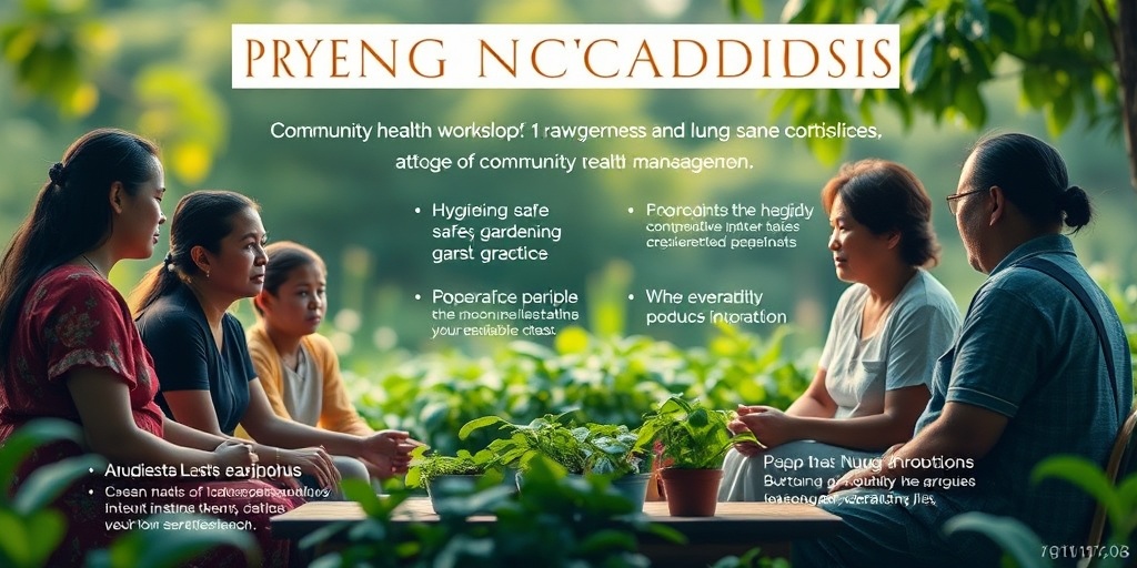 A community health workshop promoting preventive measures for Lung Nocardiosis, with individuals discussing hygiene and safe practices. 5.png