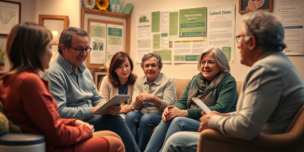 A community support group meeting showcases individuals sharing experiences, creating a warm atmosphere of connection and hope for families affected by Tay-Sachs.  5.png