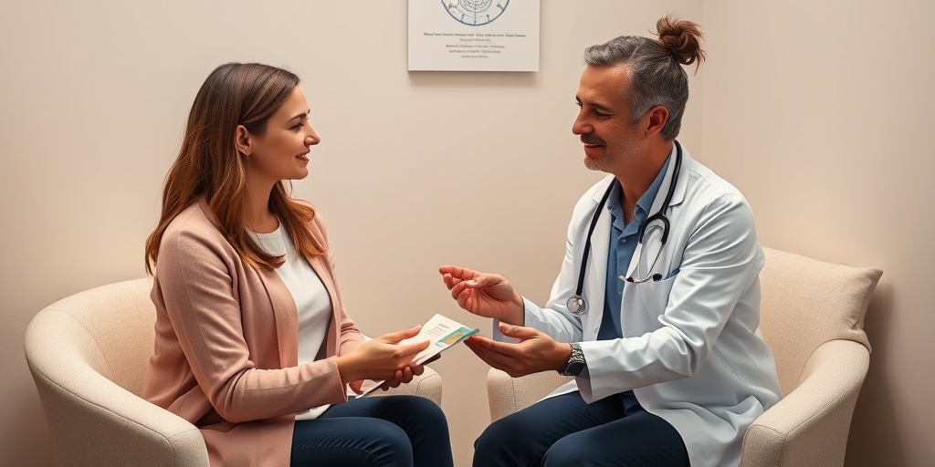A compassionate healthcare provider explains hormone therapy to a young woman, creating a supportive and calming consultation environment.4.png
