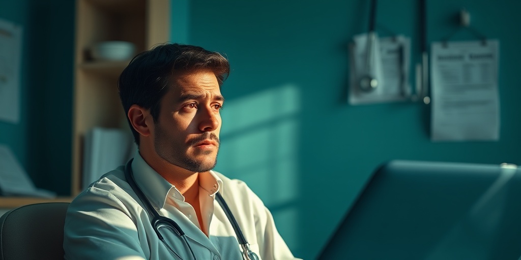 A concerned individual in a doctor's office, contemplating glucosamine side effects, surrounded by medical charts and a stethoscope.4.png