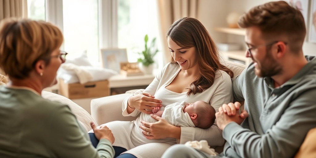 A cozy postpartum scene features a new mother cradling her baby, surrounded by family, with soothing greens and natural light.  4.png