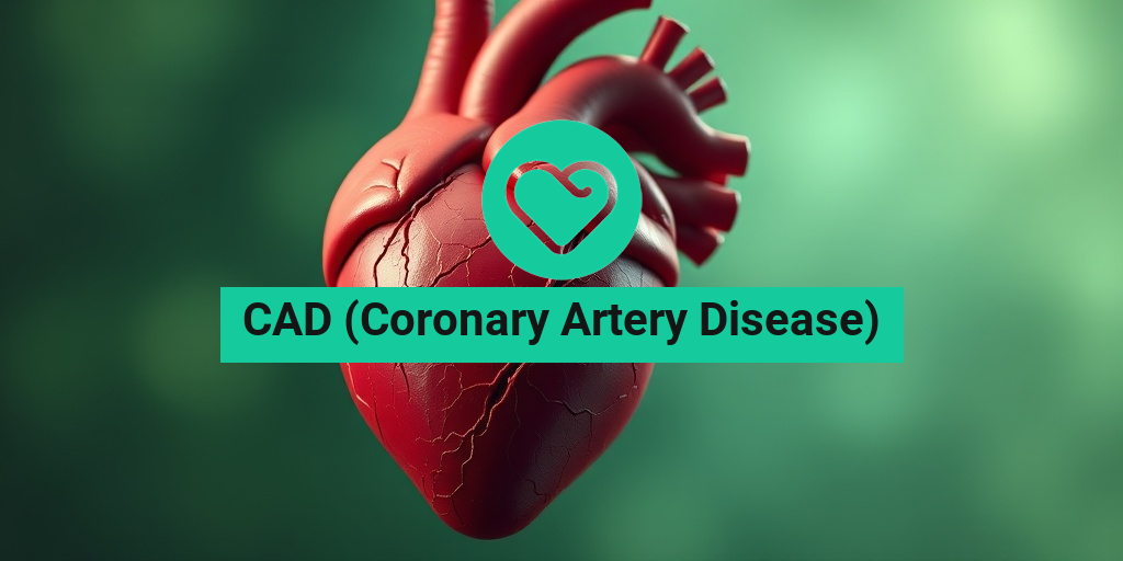 A detailed human heart illustration shows narrowed arteries, emphasizing the effects of Coronary Artery Disease (CAD). • Yesil Health AI