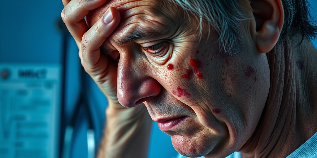 A distressed middle-aged patient shows skin rashes, with a hand on their forehead, in a softly lit room. 2.png