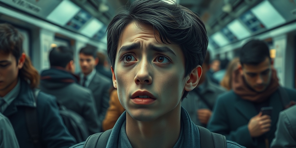 A distressed person stands in a crowded subway, isolated amidst blurred commuters, showcasing panic disorder symptoms. 2.png