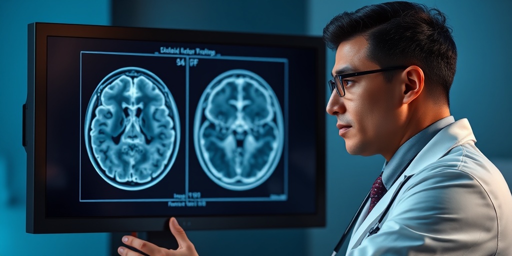 A diverse doctor examines a brain MRI in a clinical setting, focused on diagnosing Globoid Cell Leukoencephalopathy.  3.png