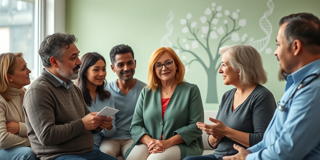 A diverse group discusses genetic testing in a community health setting, with DNA strands subtly integrated into the background.  3.png