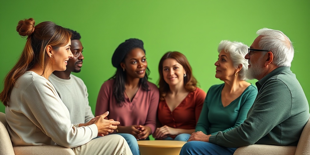 A diverse group discussing genetic predisposition and lifestyle choices related to Type VII Amyloidosis, set in a supportive environment.  3.png
