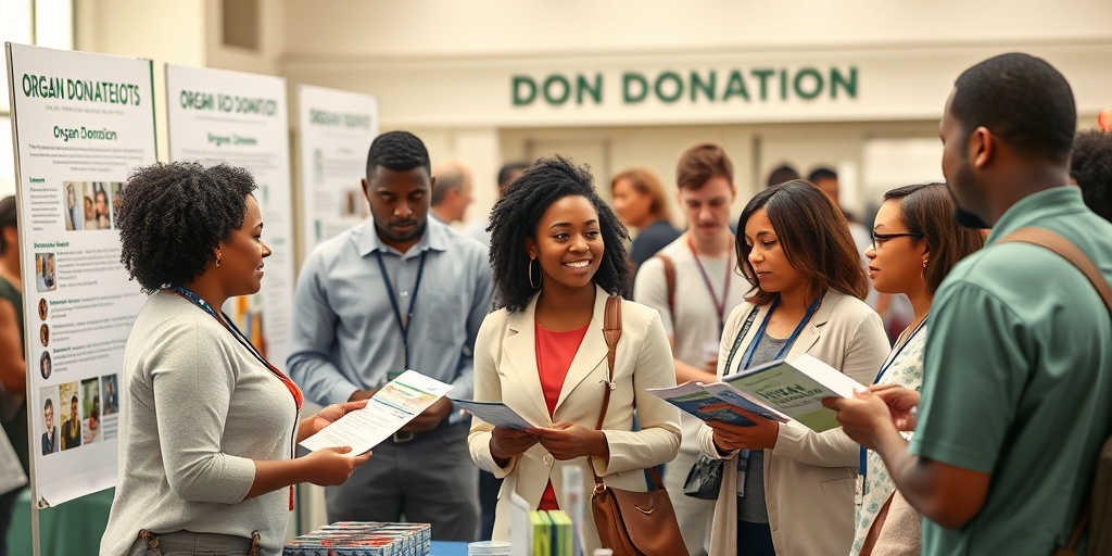 A diverse group discussing organ donation at a community health fair, creating an inviting atmosphere for awareness.3.png