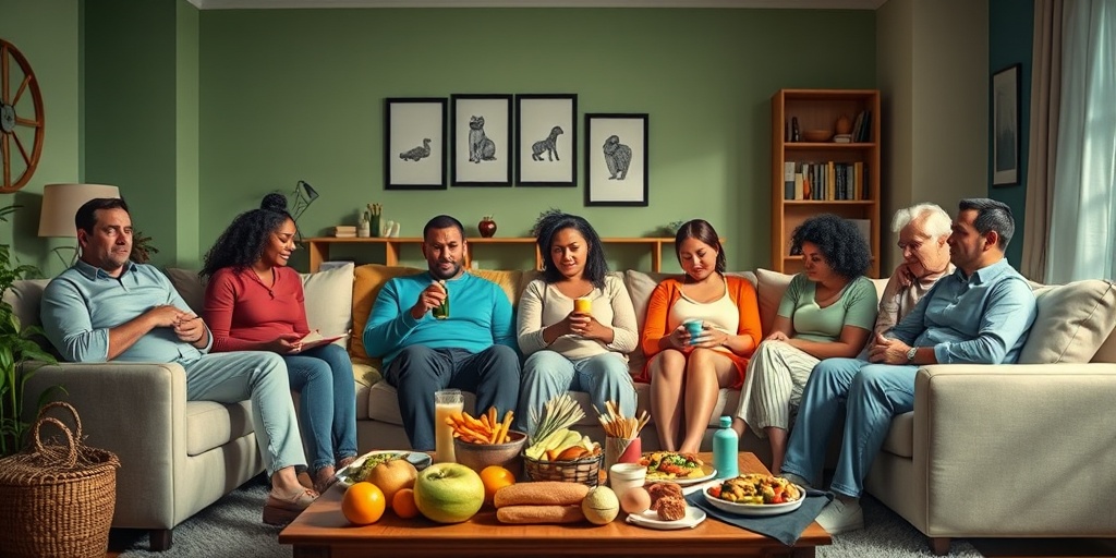 A diverse group engages in sedentary activities, highlighting risk factors for prediabetes in a modern living room.  3.png