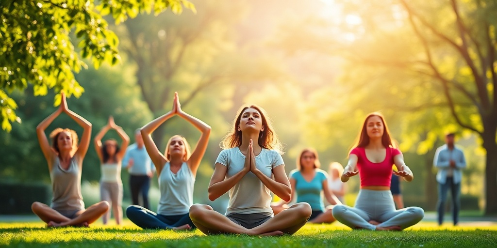 A diverse group engages in yoga and meditation in a park, symbolizing empowerment and recovery from panic disorders.5.png