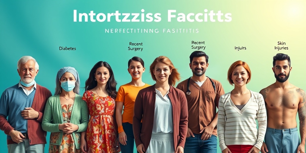 A diverse group illustrates risk factors for necrotizing fasciitis, highlighting diabetes, surgery, and skin injuries in various environments.  3.png