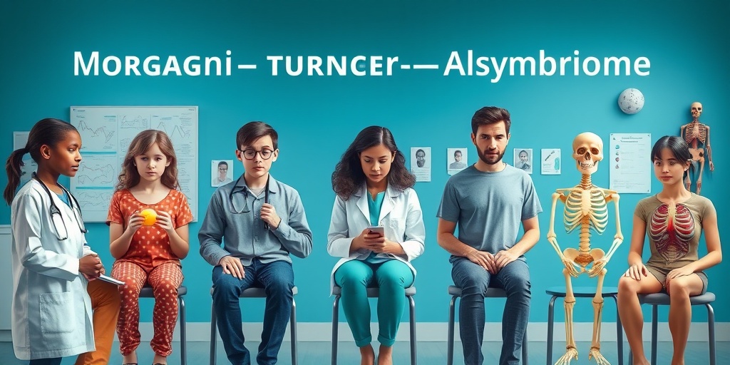A diverse group in a clinical setting illustrates Morgagni-Turner-Albright Syndrome symptoms, fostering understanding and empathy. 2.png