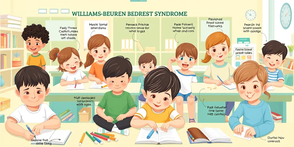 A diverse group of children in a bright classroom, showcasing Williams-Beuren Syndrome symptoms while engaging in learning activities.  2.png