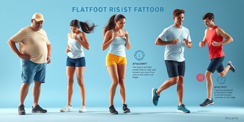 A diverse group of individuals illustrating flatfoot risk factors, set against a calming blue background. 3.png