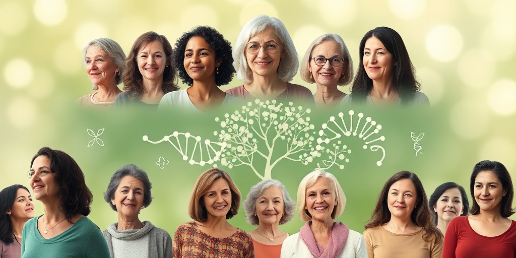 A diverse group of women symbolizes risk factors for Mammary Paget's Disease, featuring DNA strands and family trees in the background.3.png
