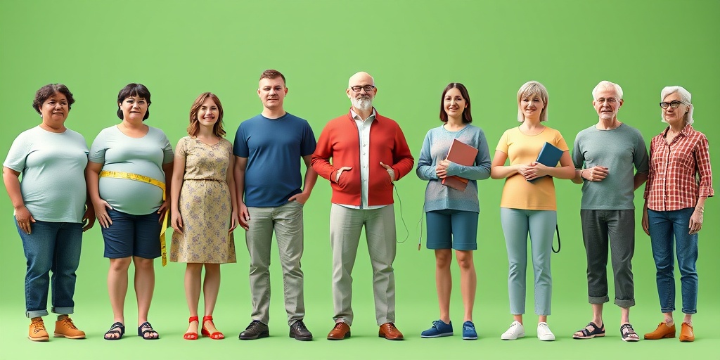A diverse group represents atrial fibrillation risk factors, set against a green backdrop, highlighting obesity, hypertension, and age awareness.  3.png