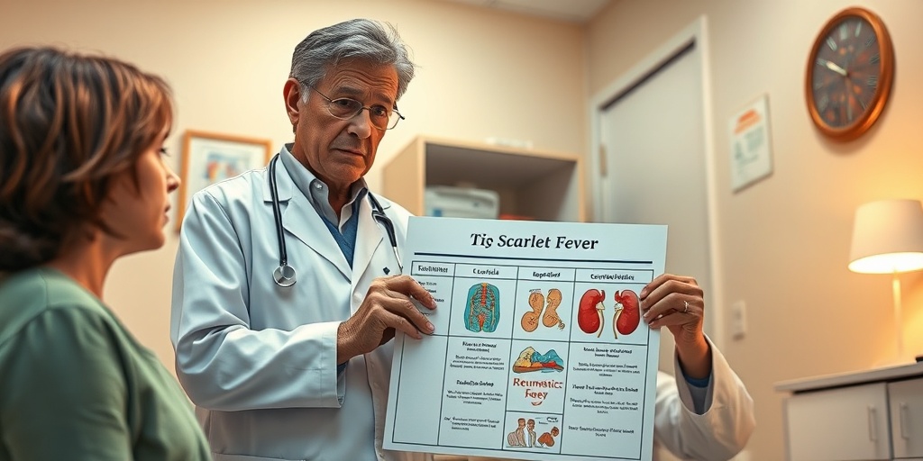 A doctor discusses scarlet fever complications with a worried parent, holding a chart in a warmly lit medical office.  4.png