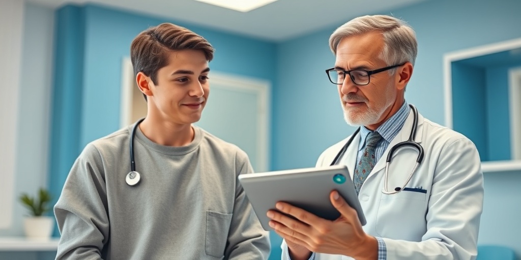 A doctor examines a patient for Tuberous Sclerosis, using a tablet in a modern, bright clinic setting.  3.png