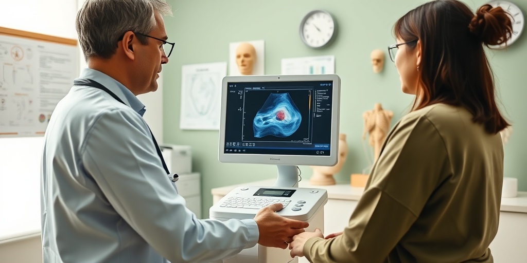 A doctor uses an ultrasound to diagnose a meniscus tear, showcasing professionalism in a modern clinic setting. 3.png