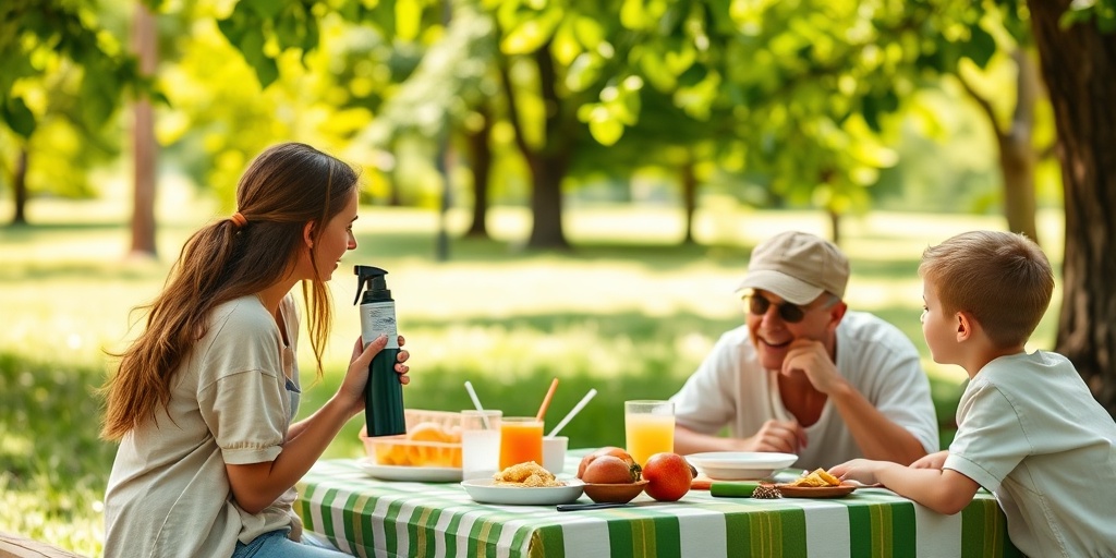 A family applies insect repellent before a picnic in a lush park, promoting safety and awareness against Babesiosis.  5.png