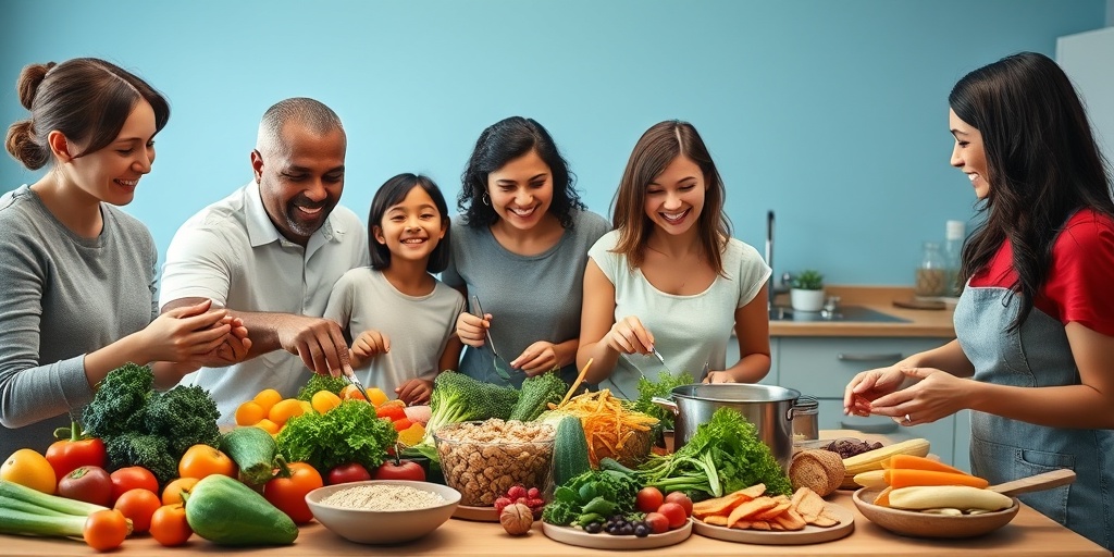 A family joyfully prepares a heart-healthy meal together, showcasing the positive impact of collaborative cooking on cholesterol management.  5.png