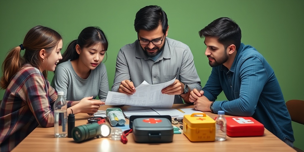 A family reviewing an emergency plan at a table, surrounded by supplies, highlighting unity and safety awareness.  5.png