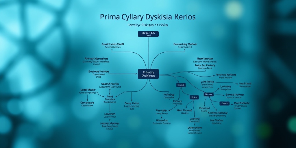 A family tree diagram illustrating risk factors of Primary Ciliary Dyskinesia, featuring genetic markers and lifestyle influences against a subtle blue backdrop.  3.png