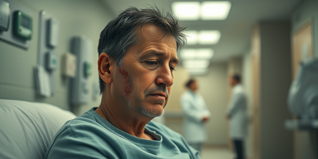 A fatigued patient shows signs of fever and swollen lymph nodes in a clinical environment.  2.png