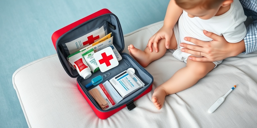 A first aid scene with a caring adult tending to a toddler's scrape, emphasizing preparedness and compassion.  4.png
