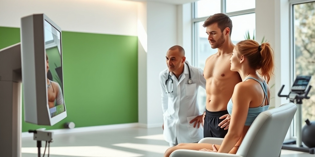 A fitness professional conducts a body composition analysis in a modern, clean setting with natural light and green accents.  3.png