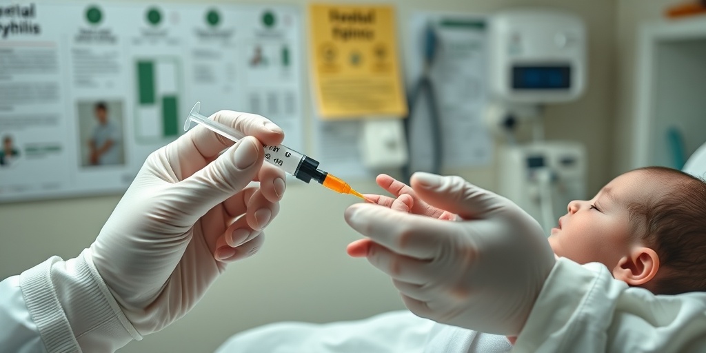 A healthcare professional administers penicillin to a newborn, emphasizing timely treatment for congenital syphilis.  4.png