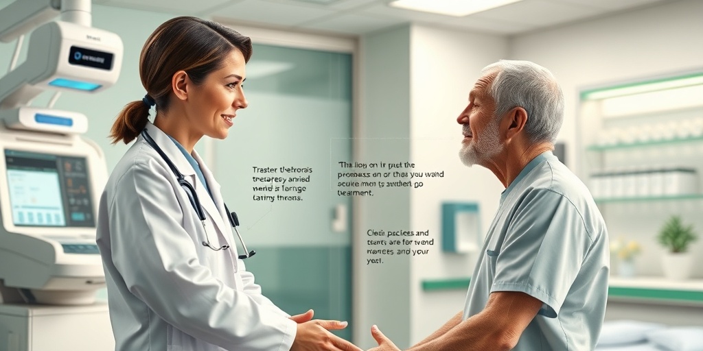 A healthcare professional compassionately explains cystic fibrosis treatments to a patient in a modern clinic filled with advanced technology.  4.png