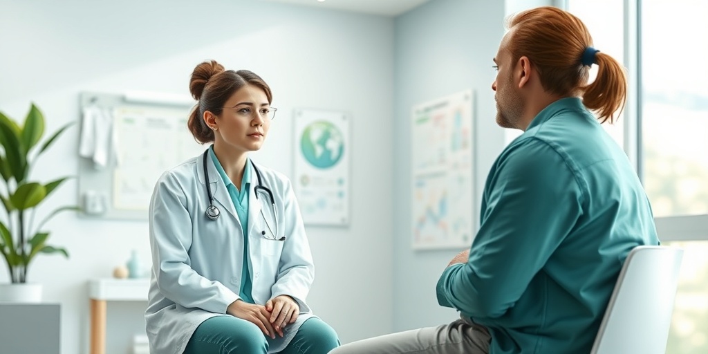 A healthcare professional conducts a personalized assessment with a patient in a welcoming clinic, fostering trust and care.  3.png