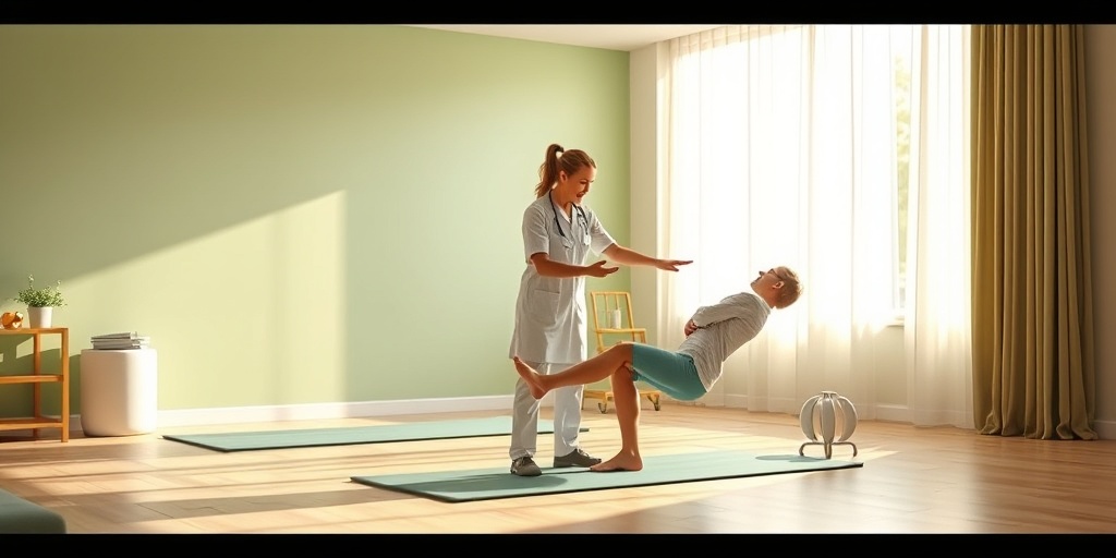 A healthcare professional demonstrating exercises for calcaneal valgus in a bright, encouraging therapy room.  4.png