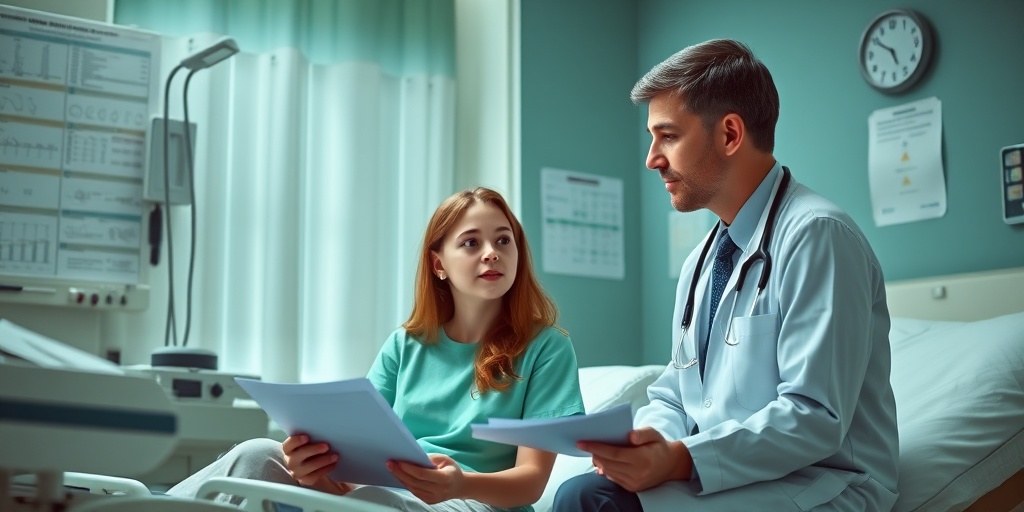 A healthcare professional discusses treatment options with a young patient in a soothing hospital room.  3.png