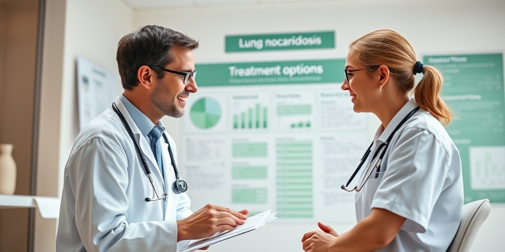 A healthcare professional discussing treatment options for Lung Nocardiosis with a patient in a modern, calming clinic environment. 4.png