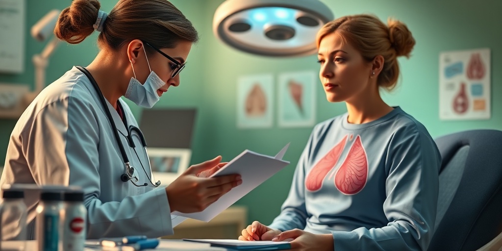 A healthcare professional explains Mammary Paget's treatment options to a patient, surrounded by medication and diagrams in a warm setting.4.png