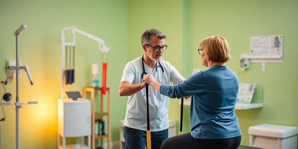 A healthcare professional guides a patient through physical therapy exercises in a bright, supportive therapy room. 4.png