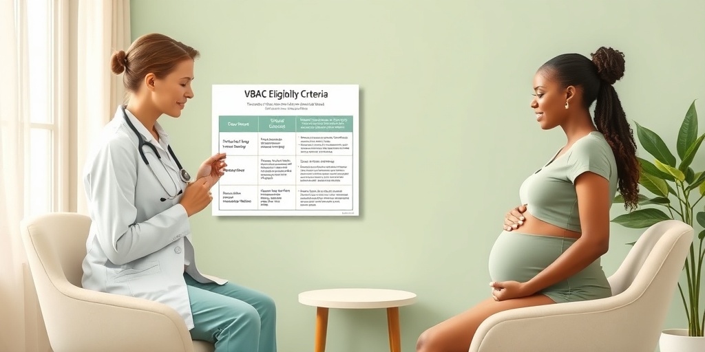A healthcare provider discusses VBAC eligibility with a pregnant woman, emphasizing informed decision-making in a calming consultation room.  3.png