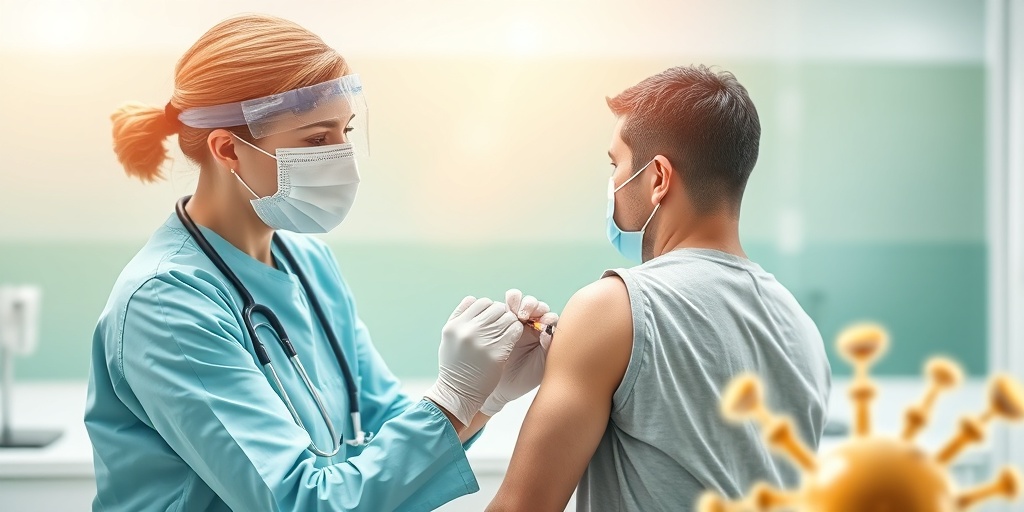 A healthcare worker administering a vaccine against Variola Virus, capturing a moment of reassurance in a well-lit clinic.  4.png