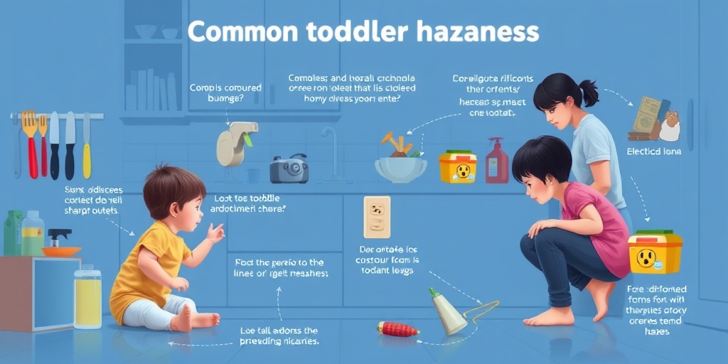A kitchen scene highlighting toddler hazards, with sharp objects and cleaning supplies, emphasizing parental vigilance.  2.png