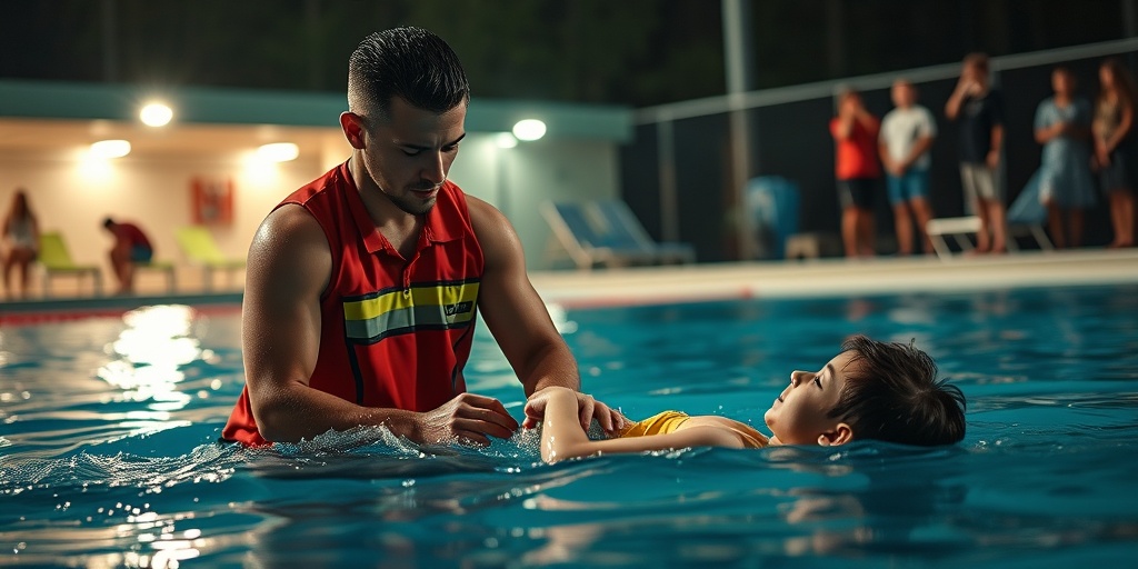 A lifeguard performs CPR on a child at the poolside, illustrating the urgency of emergency response during drowning incidents.5.png