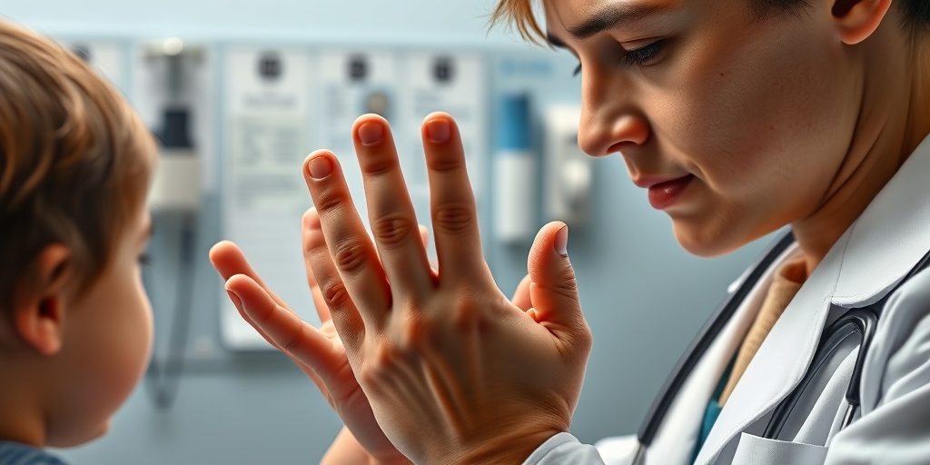 A medical professional examines a child's hands, showcasing MPS I symptoms with empathy in a calm clinic.  2.png