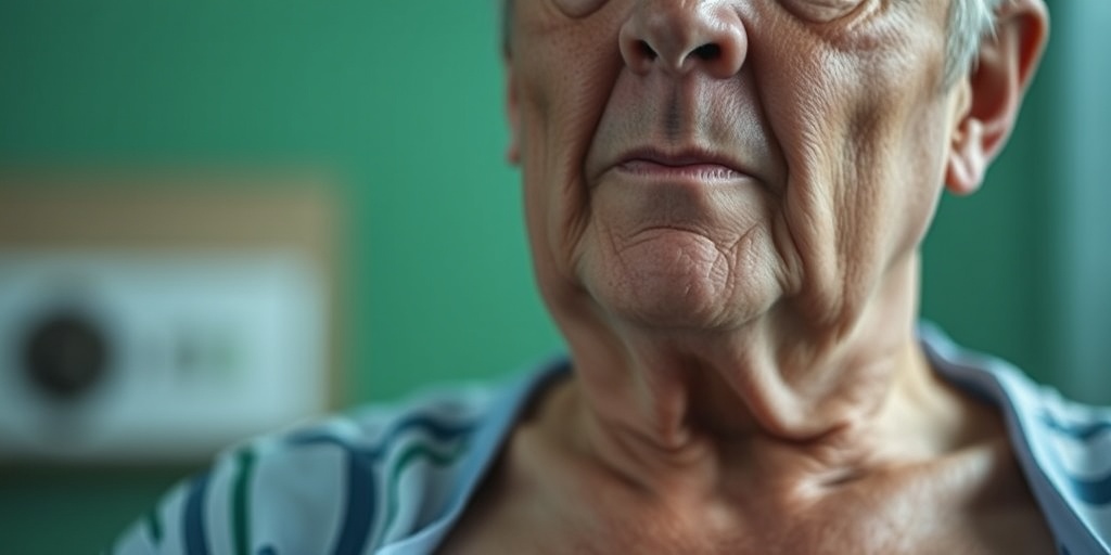 A middle-aged patient in a clinical setting, displaying symptoms of fibrous interstitial pneumonia with a concerned expression and soft green backdrop.2.png