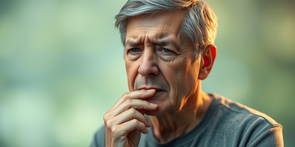 A middle-aged person displays concern over glossopyrosis, captured in a thoughtful pose with soothing green and blue hues.  2.png