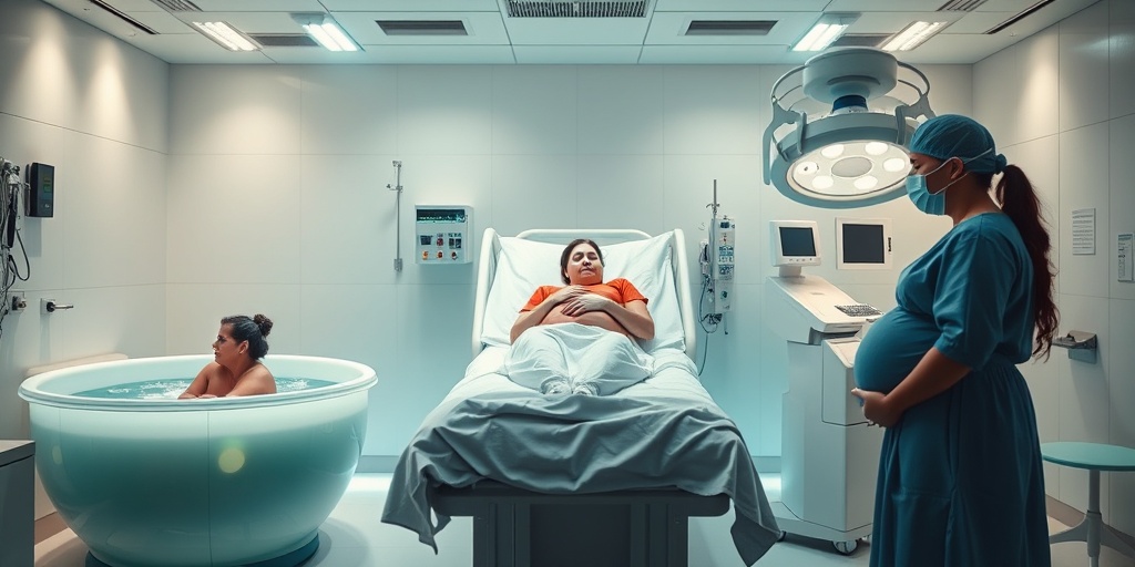 A modern hospital scene displays diverse delivery methods: a birthing pool, delivery bed, and cesarean section, all in calming colors.  3.png