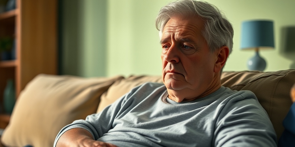 A patient experiencing fatigue and swelling, depicted in a serene home setting with warm lighting and a tranquil atmosphere.  2.png