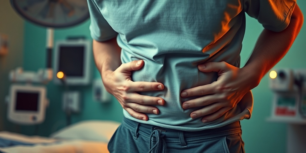 A patient in a clinical setting, clutching their abdomen in pain, surrounded by medical equipment and a soft green hue.  2.png